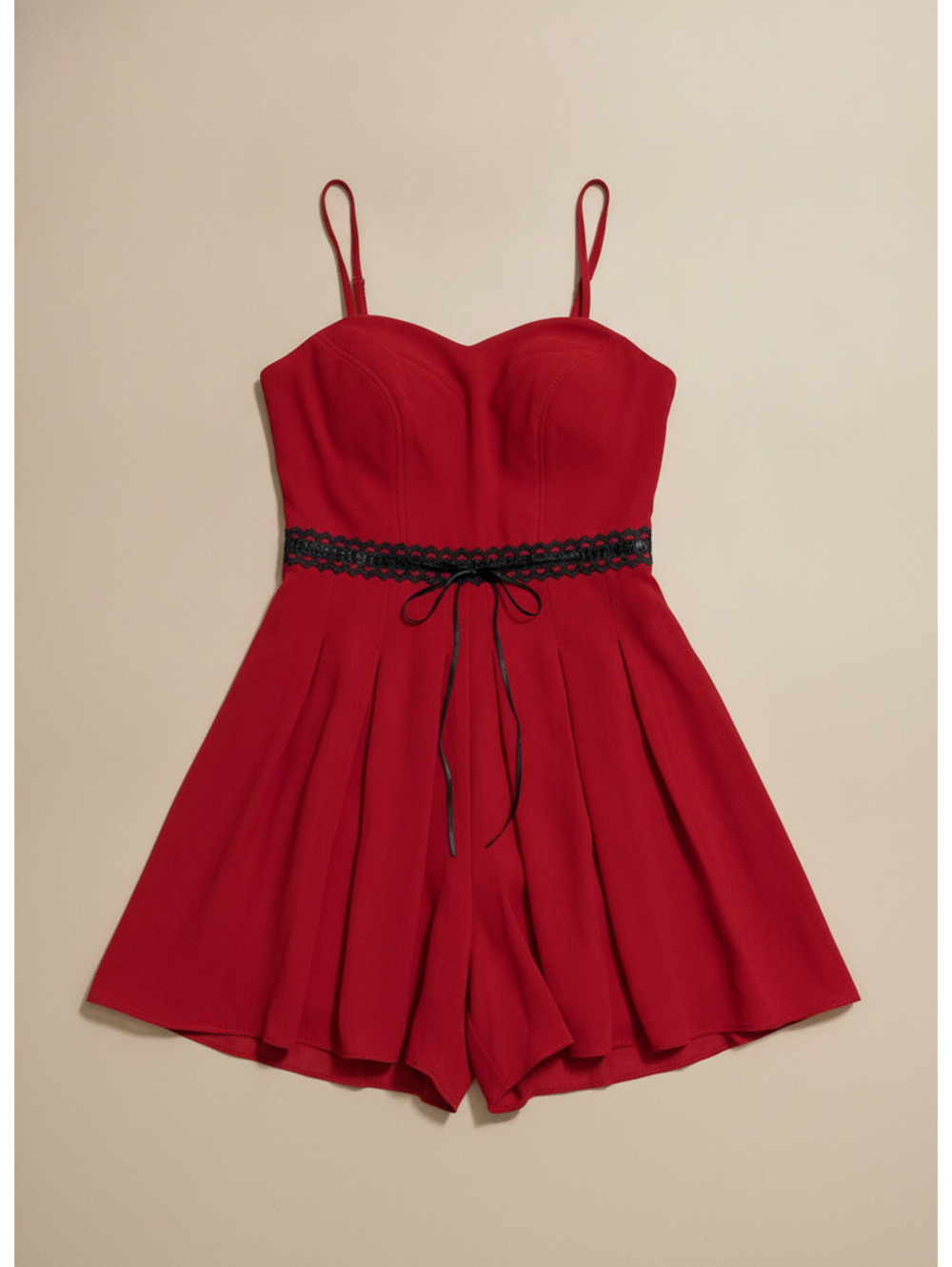Red Bustier Fit & Flare Mini Dress Black Lace Trim Spaghetti Strap